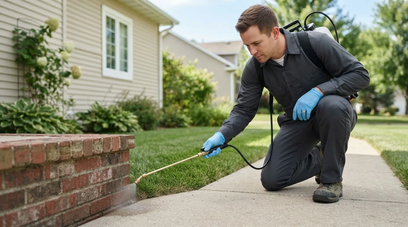 Pest control technician treating a home near Hazelton, KS